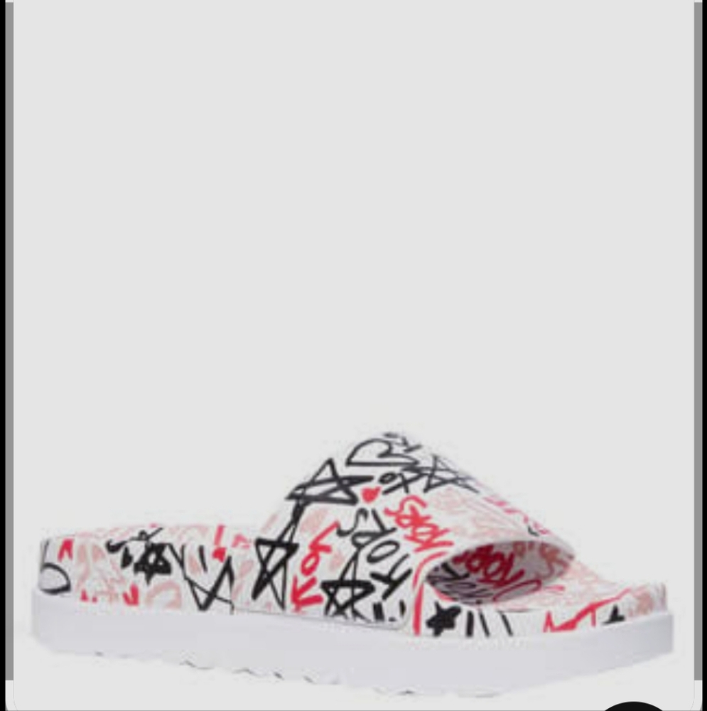 New Michael Kors Tyra Qixi Graffiti Print Optic White Slides Size 9 - Picture 10 of 16